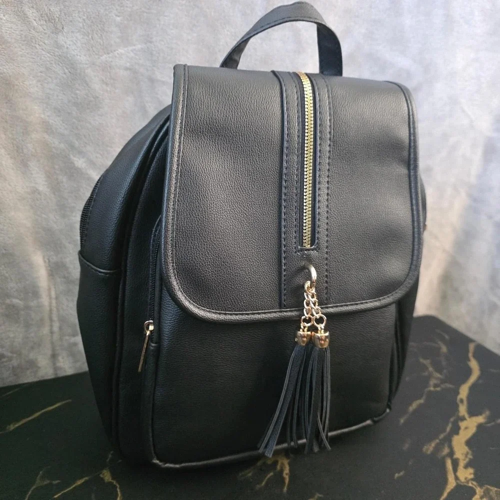 Black Faux Leather Mini Backpack Purse w/ Gold Tassel Charm Goth Y2K